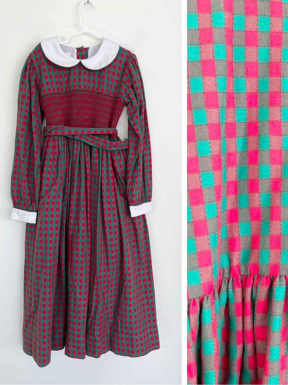 Strasburg Smocked Cotton Holiday Buffalo Check Long Sleeve Dress sz 8Y Red Green